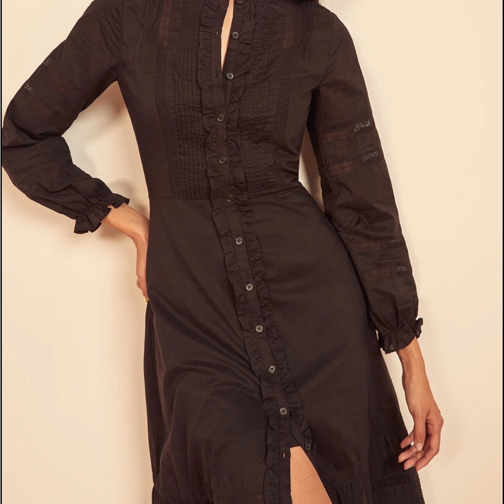 Reformation Ensley dress 
Black Midi Dress with Bishop Sleeves